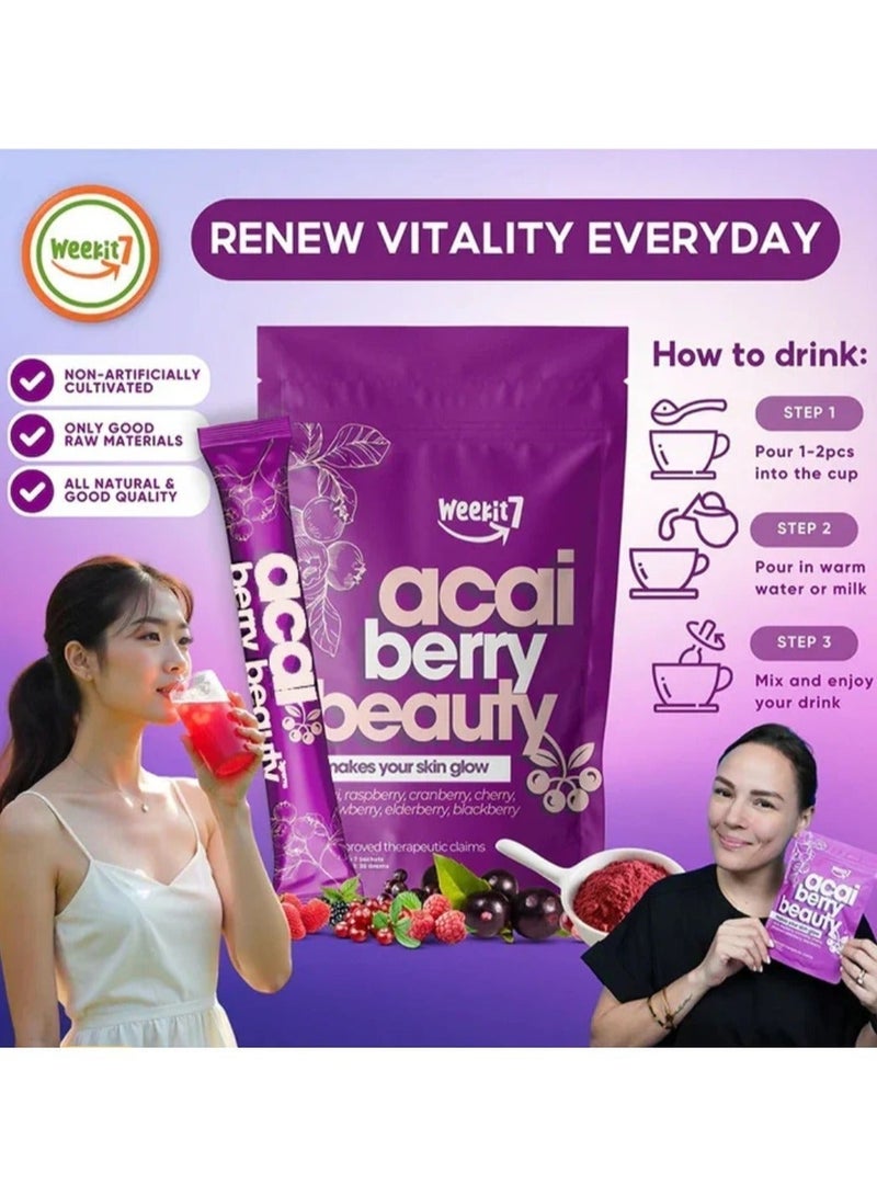 الأسبوع السابع عبوتان من بودرة الجمال من الآساي والتوت البري - بشرة مشرقة، مضادة للشيخوخة، غذاء خارق للتخلص من السموم للنساء - دعم طبيعي للتوهج، 35 جم *2 - Image 3